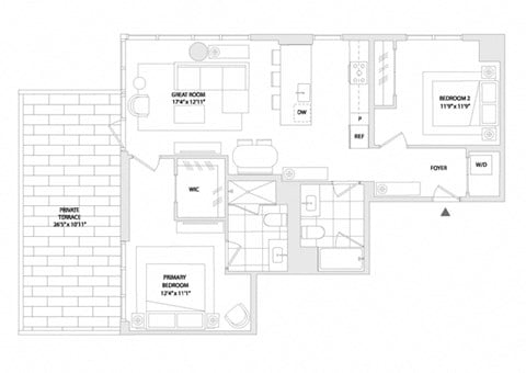 Floor plan for 2 beds, 2 baths, 1034 sqft